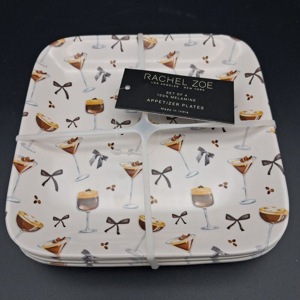 Rachel Zoe Set of 4 Chocolate Martini & Black Bow Melamine Appetizer Plates NEW